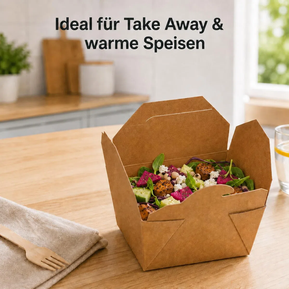 300x Take Away Box 1200ml I Bio Speisebox mit Faltdeckel Pappschachtel rechteckig I braune Kraftkarton Schachtel I Einweg to Go Boxen