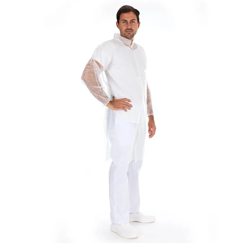 FRANZ MENSCH 100 Stück Hygonorm Besucherkittel Light mit Druckknöpfen, Stehkragen | PP, Sparpack, white, XL, L: 110cm, Umfang: 130cm, Box, Einwegkittel, Besucherkittel,Überkittel die Hygienebereiche