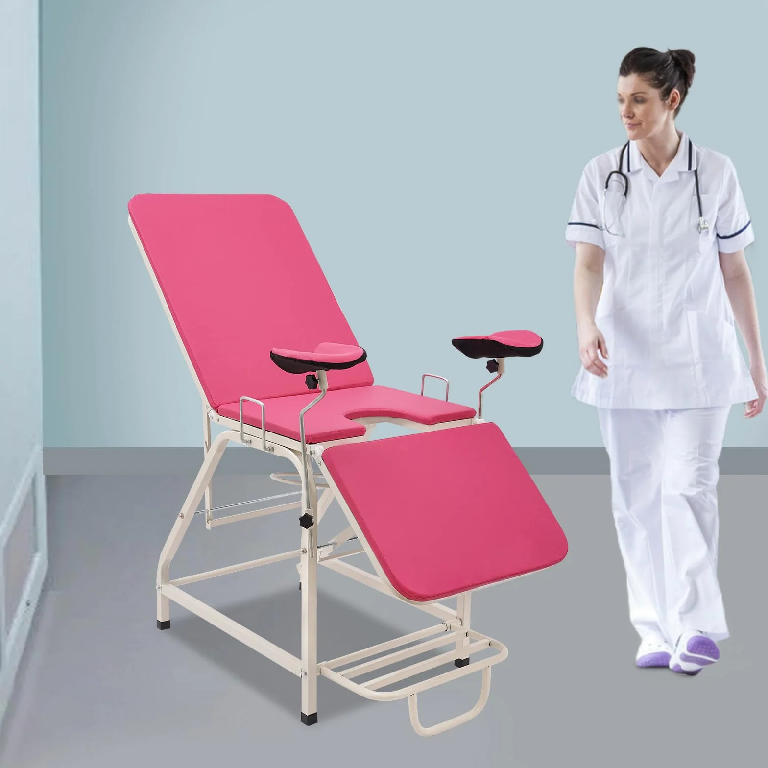 Gynäkologischer Stuhl,Gynäkologischer Untersuchungstisch, Kreißsaalstuhl,Max 150kg,Verstellbar Rückenlehne& Beinbrett,Behandlungsstuhl Medizinstuhl,165 * 60 * 80cm (Rosa)