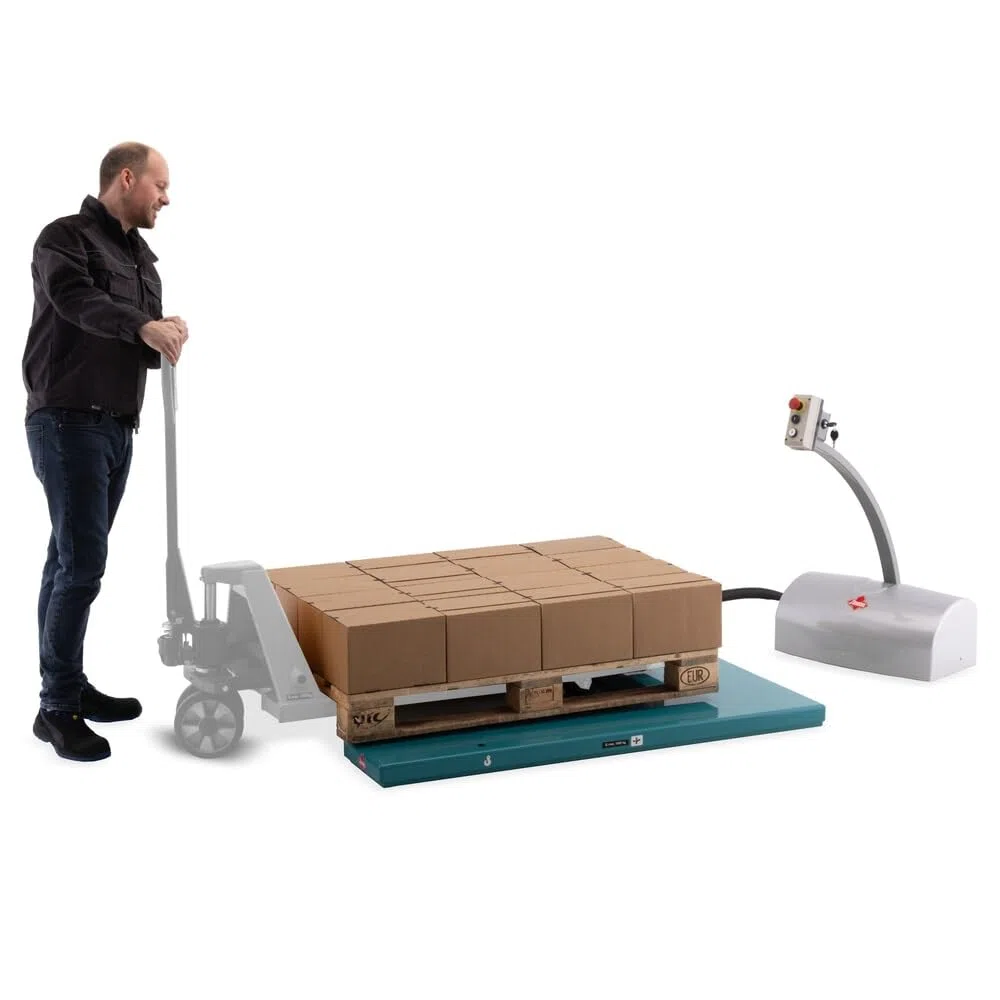 Ameise Elektro-Flach-Scheren-Hubtisch SLT mit Einfach-Schere | 1.000 kg Tragkraft | 80-840 mm Hubbereich | ergonomische und individuelle Greifhöhe | 1.450 x 1.140 mm U-förmige Plattform | Stahl