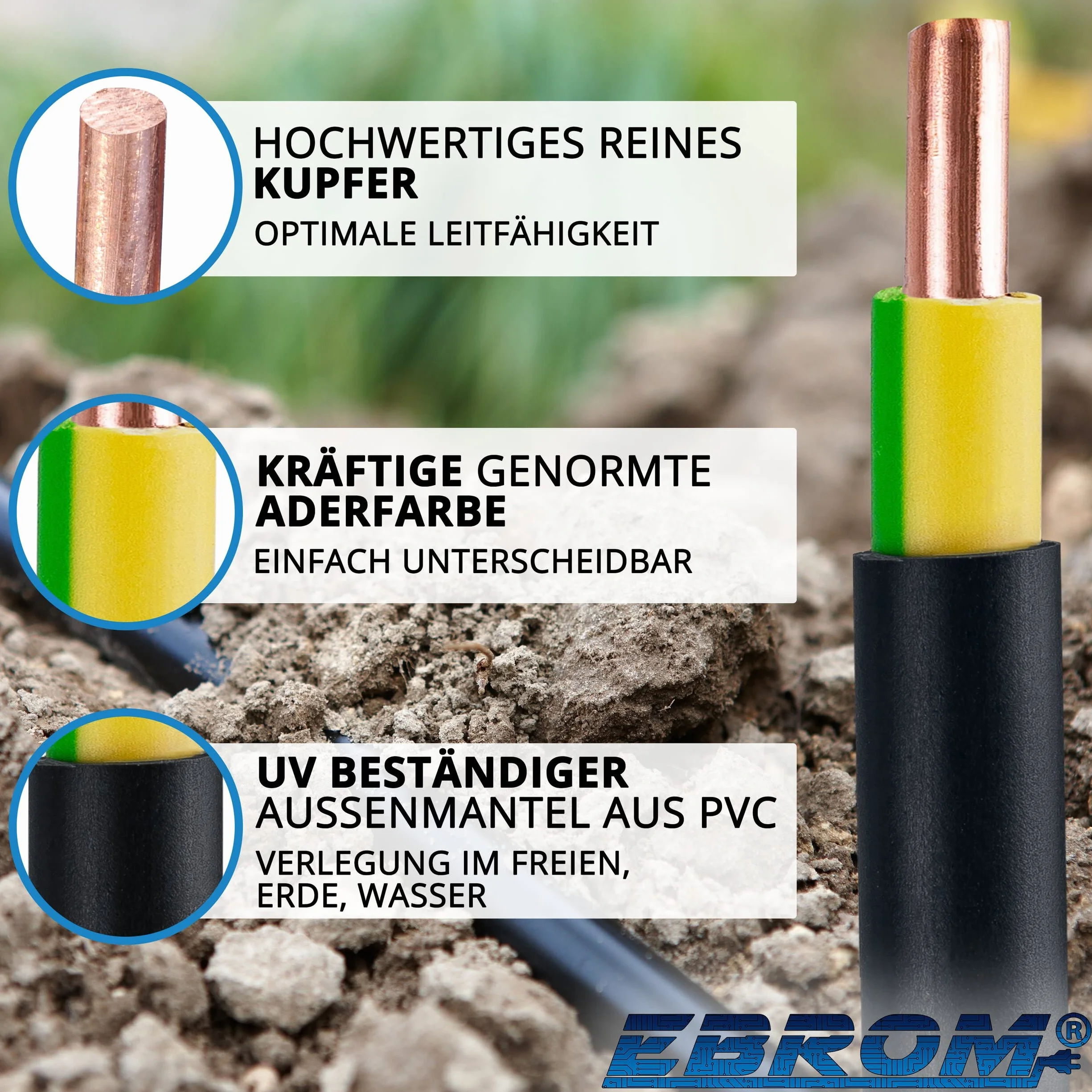 EBROM Erdkabel Blitzschutz NYY-J 1x16 mm² Erdungskabel, schwarz, 25 Meter | 5 m bis 100 m - 1x16 mm2 - Außenmantel: schwarz - Innenummantelung: grün / gelb - Starkstromkabel - PVC Erdleitung