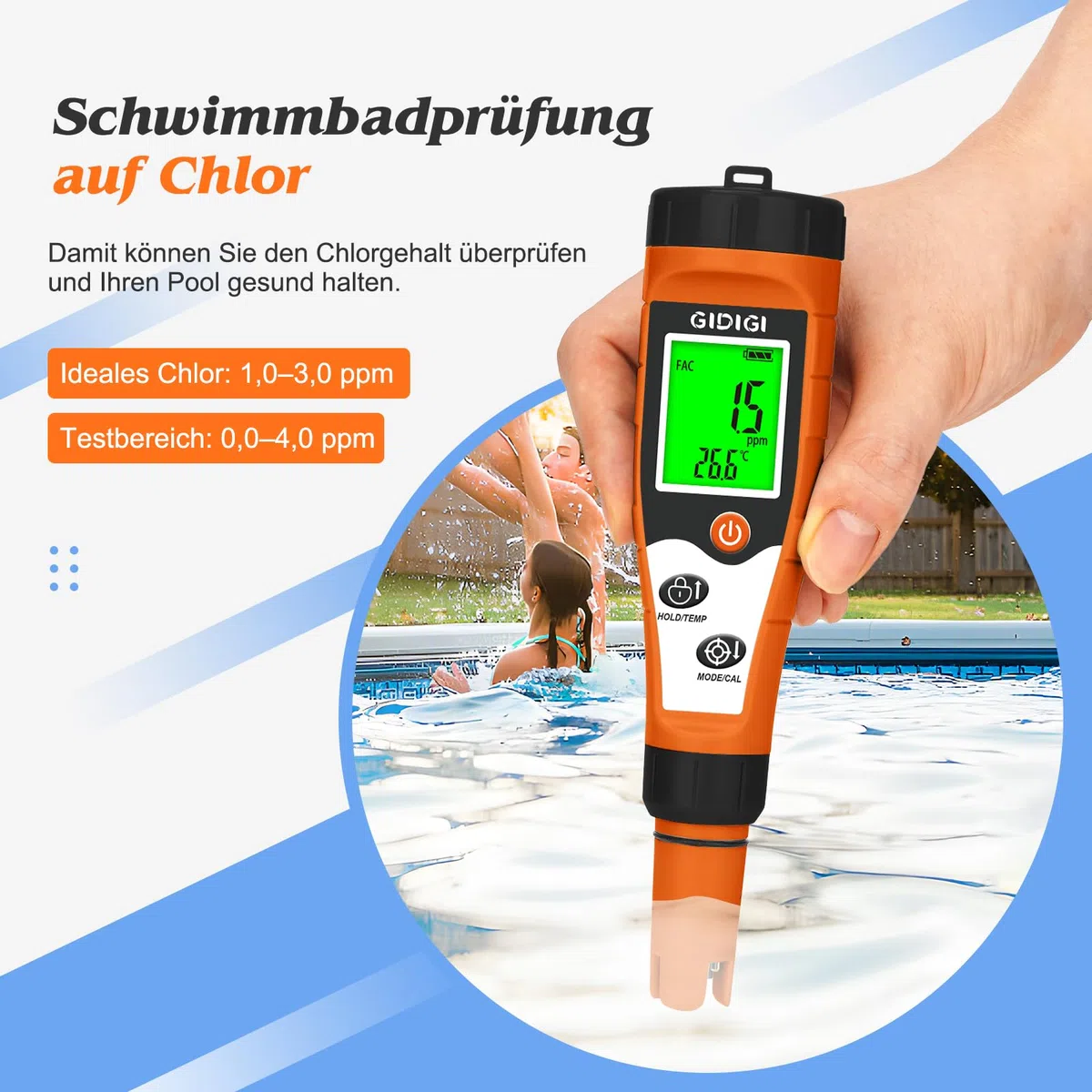 pH und Chlormessgerät für Pools Salzmessgerät für Schwimmbäder | 7-in-1 Messgerät ORP, EC, TDS und Temperatur Für Aquarien mit Kalibrierlösung, Hydrokultur, Whirlpools, Wassertest-Set