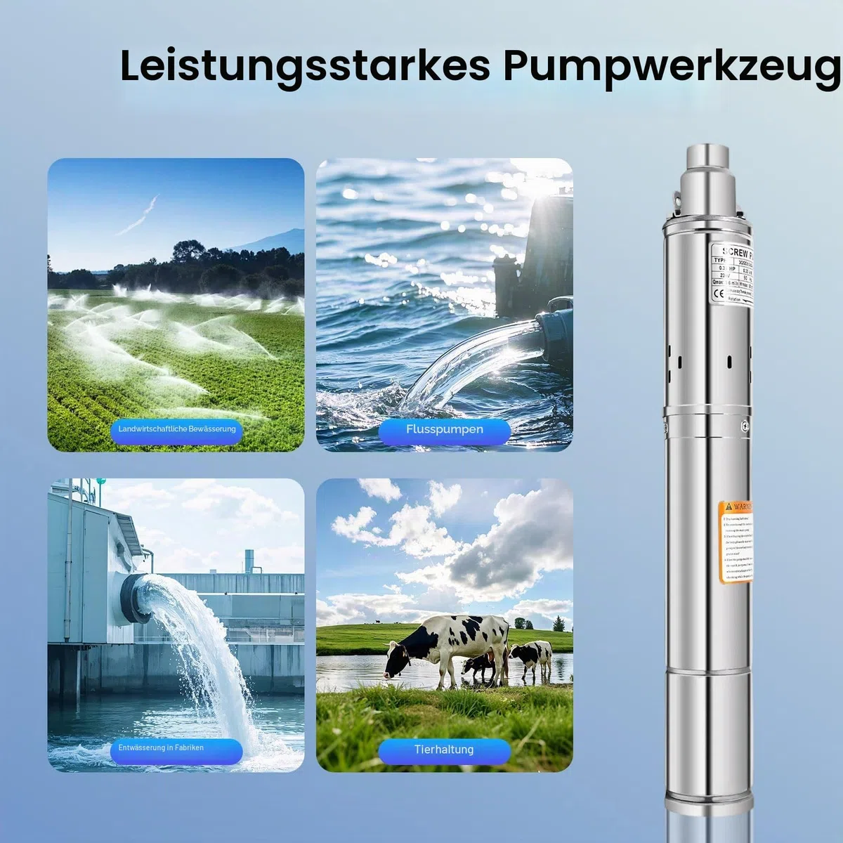 Tiefbrunnenpumpe 3 Zoll 250W Edelstahl Tauchpumpe 1600 L/h max. 80m Förderhöhe 220V mit 20m Kabel für Brunnen, Bewässerung, Wasserversorgung, Wohnmobil (3 Zoll, 250W)