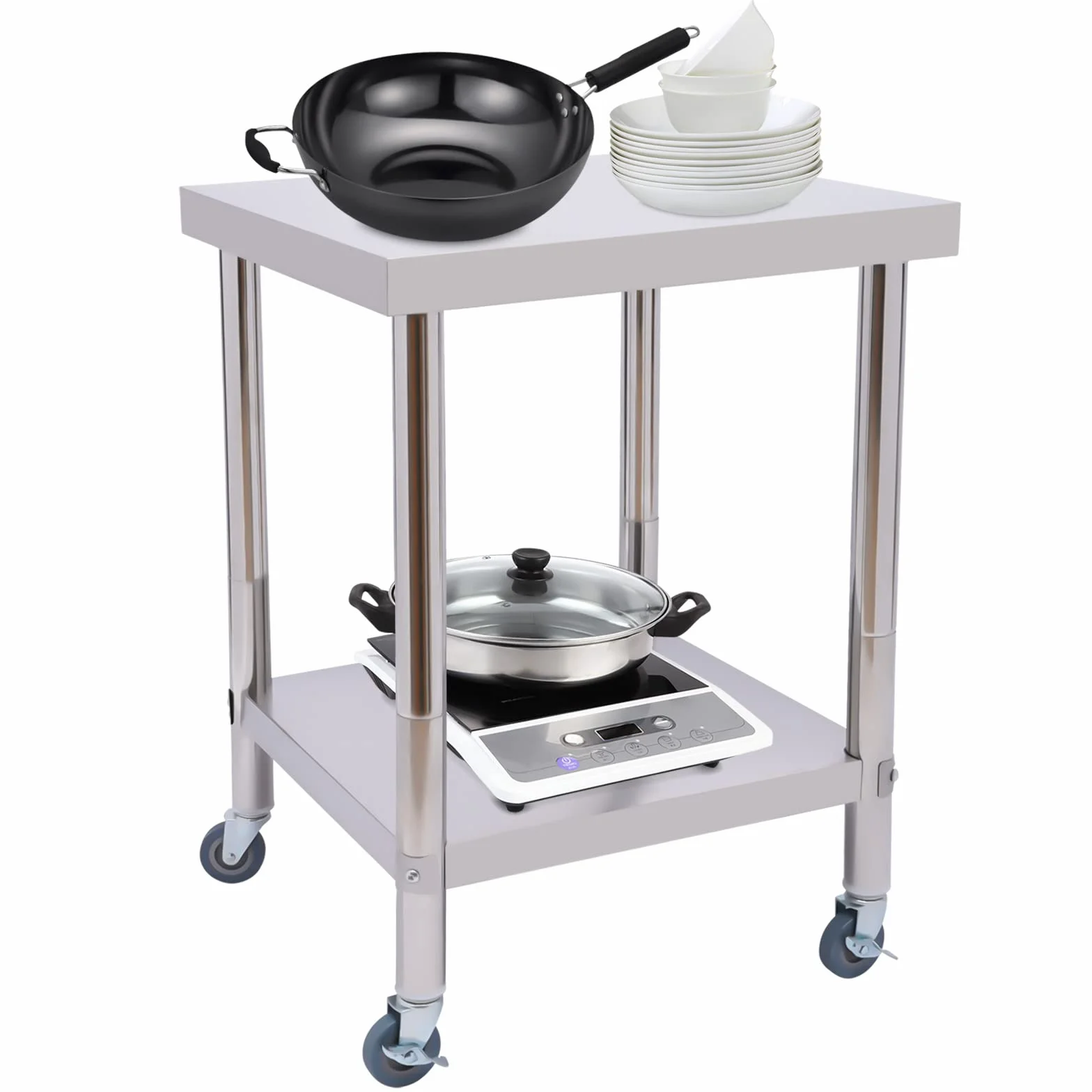 Futchoy Edelstahl Arbeitstisch mit 4 verstellabren Räder60x60x85cm Küchentisch mit extra großer unteren Ablagefläche 300kg Belastbar Gastro Küche Tisch Gastronomie Edelstahltisch
