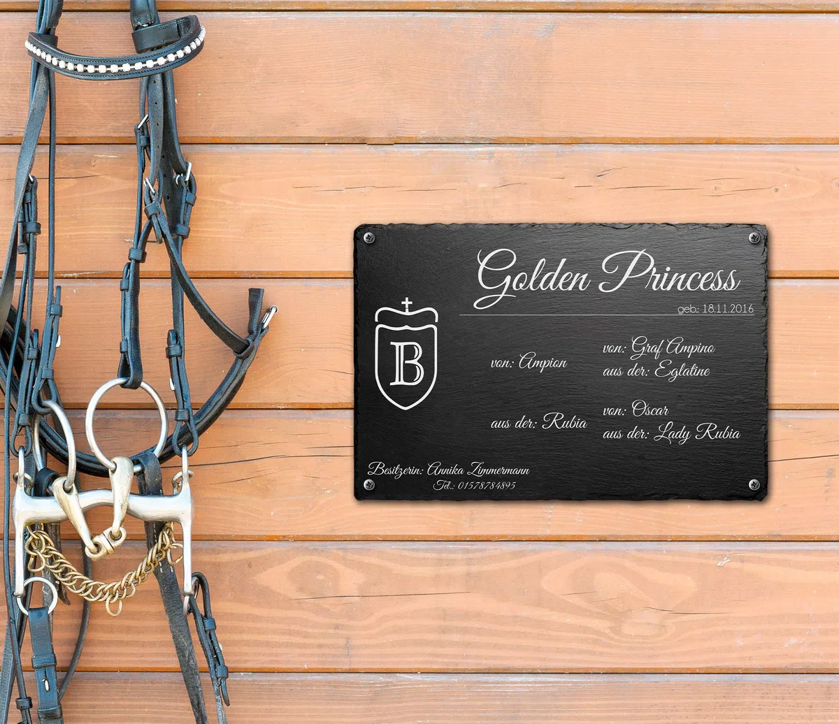 CHRISCK design Boxenschild Stallschild Pferdeschild aus Schiefer mit Fotogravur für Ihr Pferd