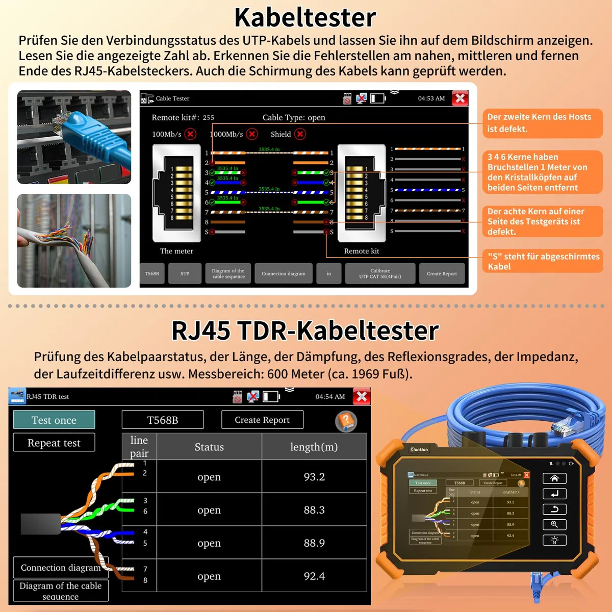 Henkion OTDR Fiber Optic Tester 1550nm 26/24dB, Glasfasertester unterstützt OPM, LS, OLS, VFL, Ereigniskarte, UTP/RJ45 TDR kabeltest/Längenkabeltester, Netzwerktester, 8 Faseradapter, FTP/Bericht