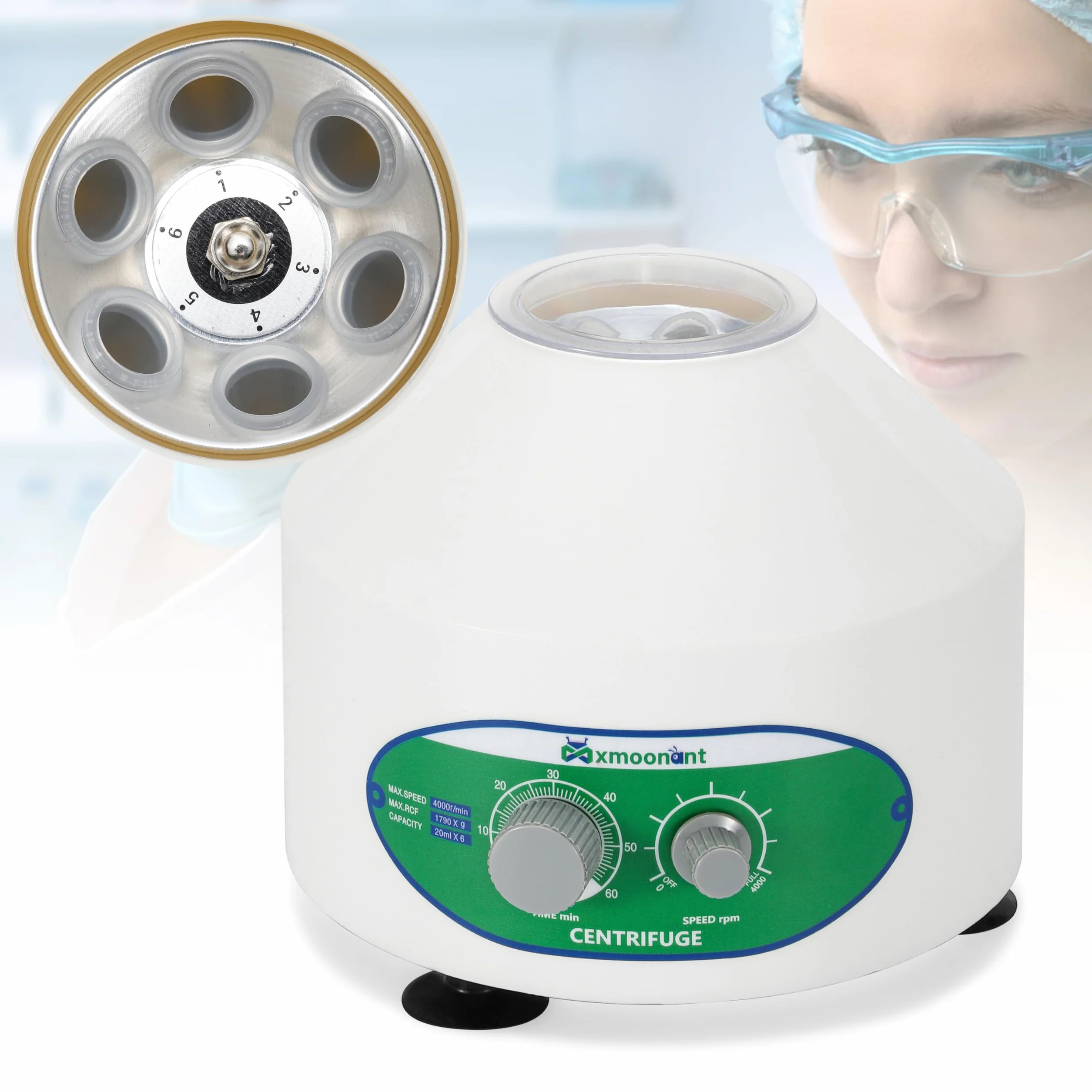 Mxmoonant Laborzentrifuge, 4000rpm, 6x20ml, 1790xg, 60min Timer, 4kg, φ245x215, geeignet für 20ml/15ml/10ml/5ml Teströhrchen, für Trennung von Proben, Qualitative Analyse (EU Stecker)