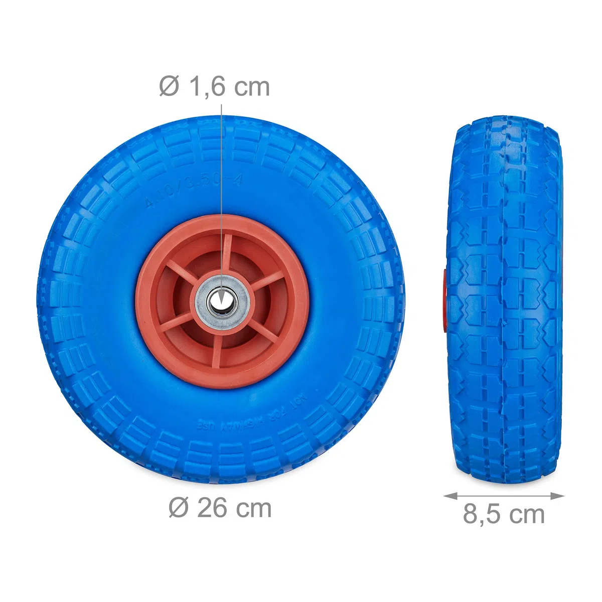 Relaxdays 2X Sackkarrenrad, pannensichere Vollgummireifen, 4.1/3.5-4", 16 mm Achse, bis 150 kg, 260x85 mm, Farbwahl | 4.1/3.5-4", 16 mm Achse, bis 150 kg, 260x85 mm