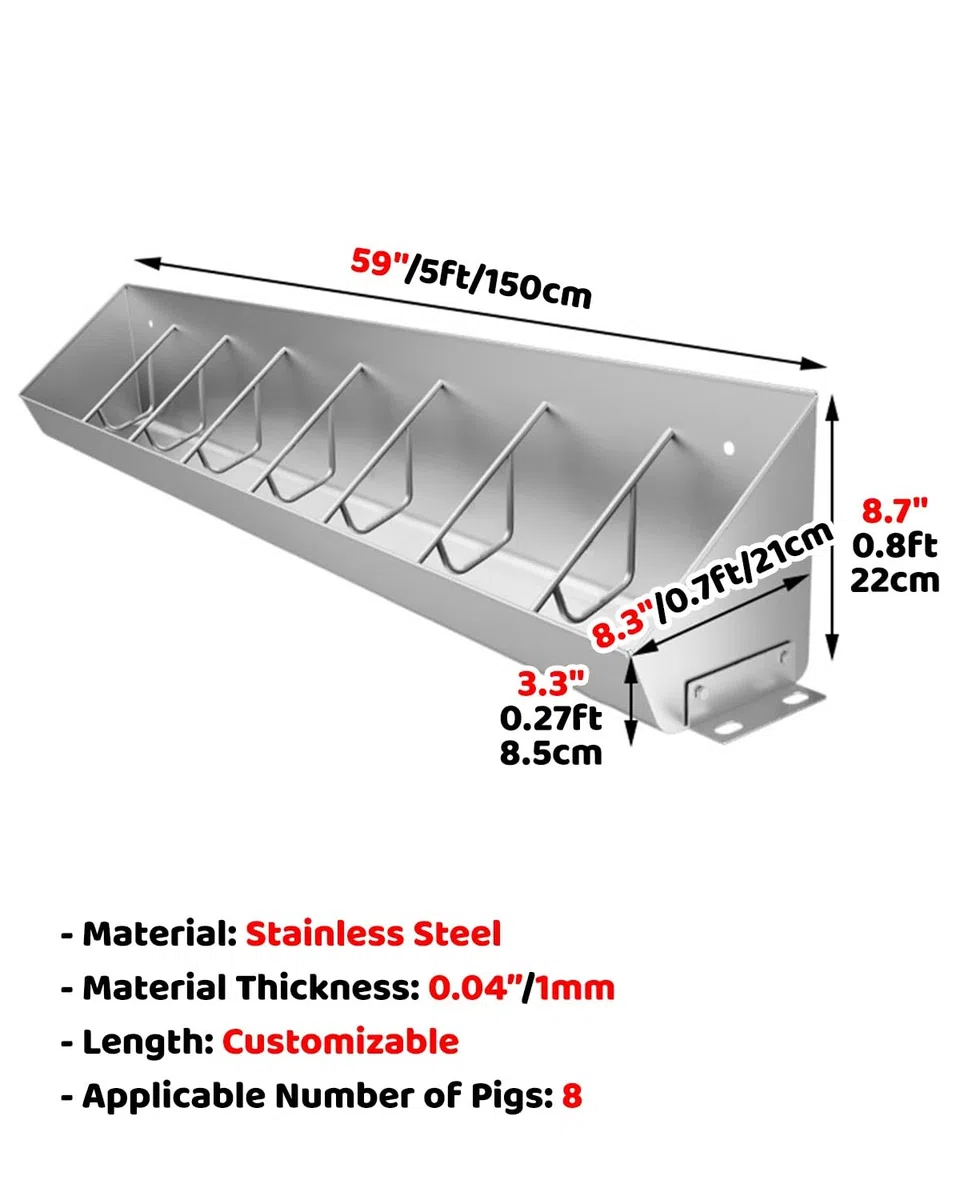 Schweinetrog Futtertrog Aus Edelstahl In Landwirtschaftsqualität für Schweine, 5/8/10 Löcher, Robust, Leicht zu Reinigen, Futterschale für Ferkel(59 inch Long with 8 bit)