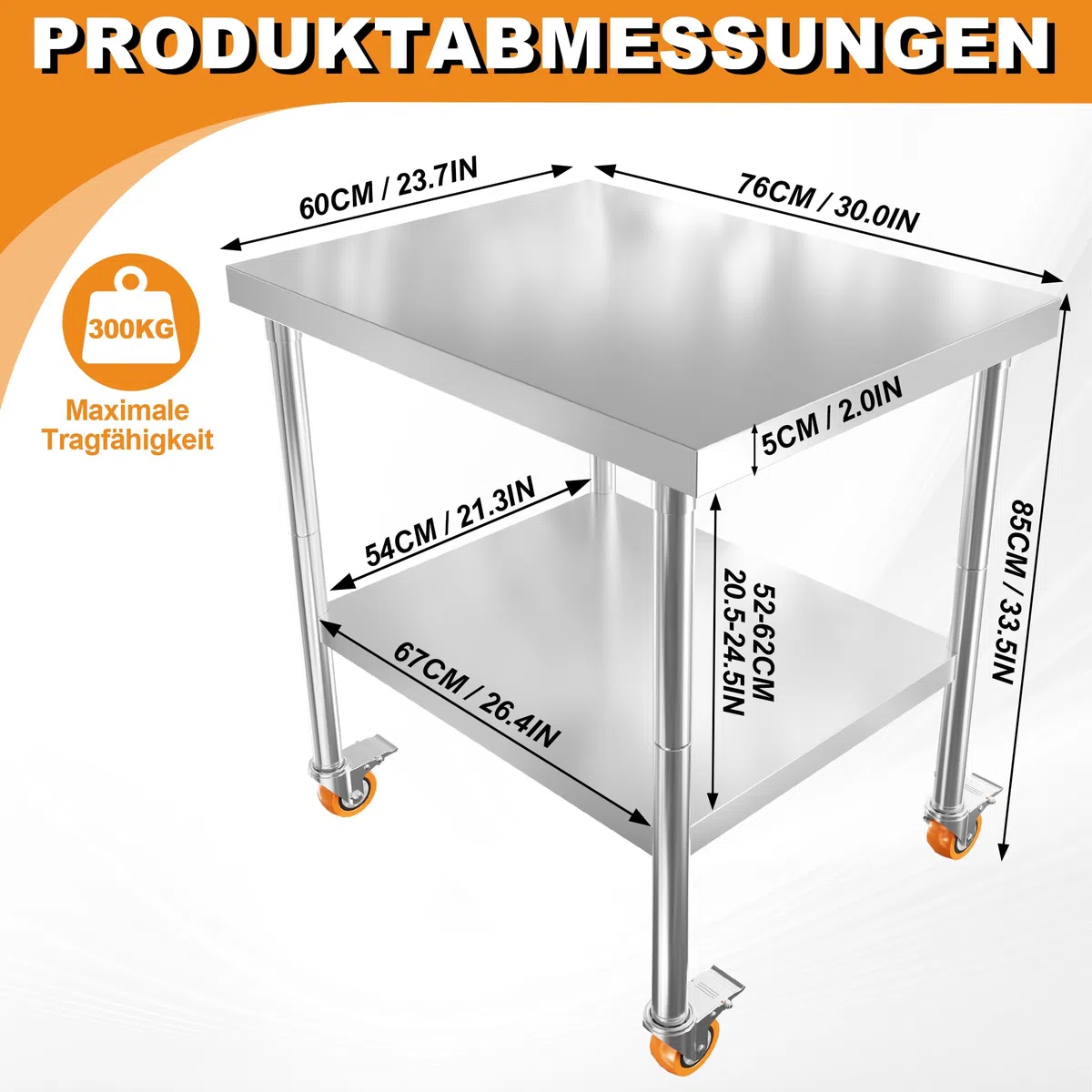 LZQ Edelstahltisch Arbeitstisch 85x76x60 cm mit Rollen, Rolltisch Edelstahl Arbeitsplatte, Servierwagen Edelstahl mit 4 feststellbaren Rädern, Tisch mit Rollen für Küche Bar Restaurantar