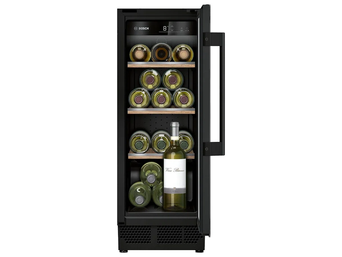 Bosch KUW20VHF0 Serie 6 Weinkühlschrank, 82 x 30 cm, 21 Flaschen, Temperatur: 5-20 °C, eine Temperaturzone, 58 L, LED-Beleuchtung gleichmäßige Ausleuchtung, ausschaltbares Präsenterlicht