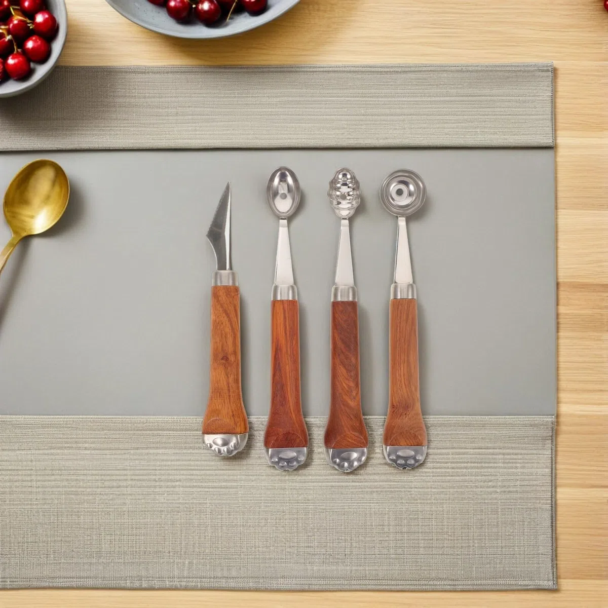ABOOFAN Kugelausstecher aus Edelstahl und Holz – 4 Stück für Obst und Dessertkugeln mit Ergonomischem Griff