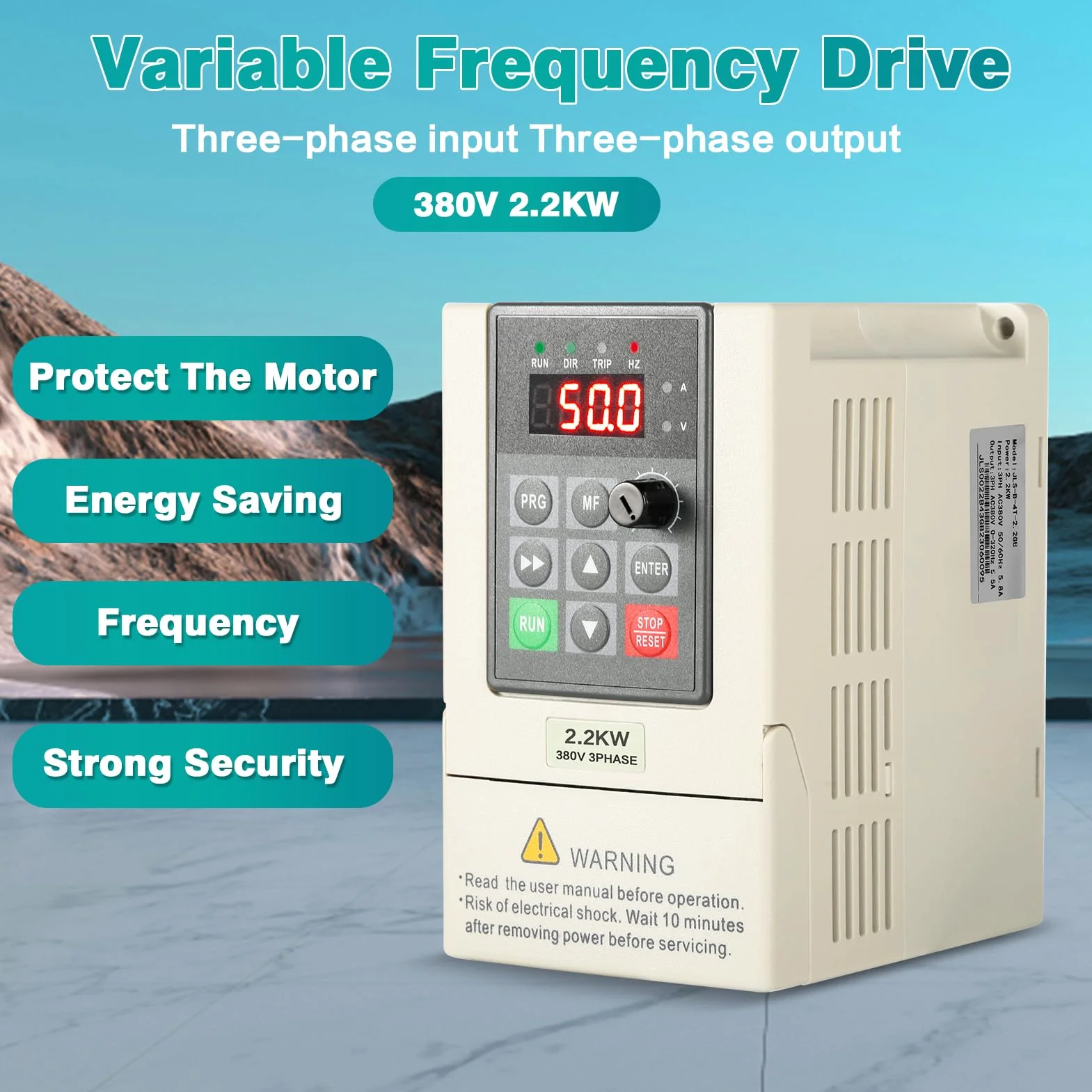 VFD Frequenzumrichter, 380V 2,2 kW Frequenzumrichter 3 Phasen Eingangs Ausgangs 380V zur Steuerung der Motordrehzahl mit 2M Verlängerungskabel