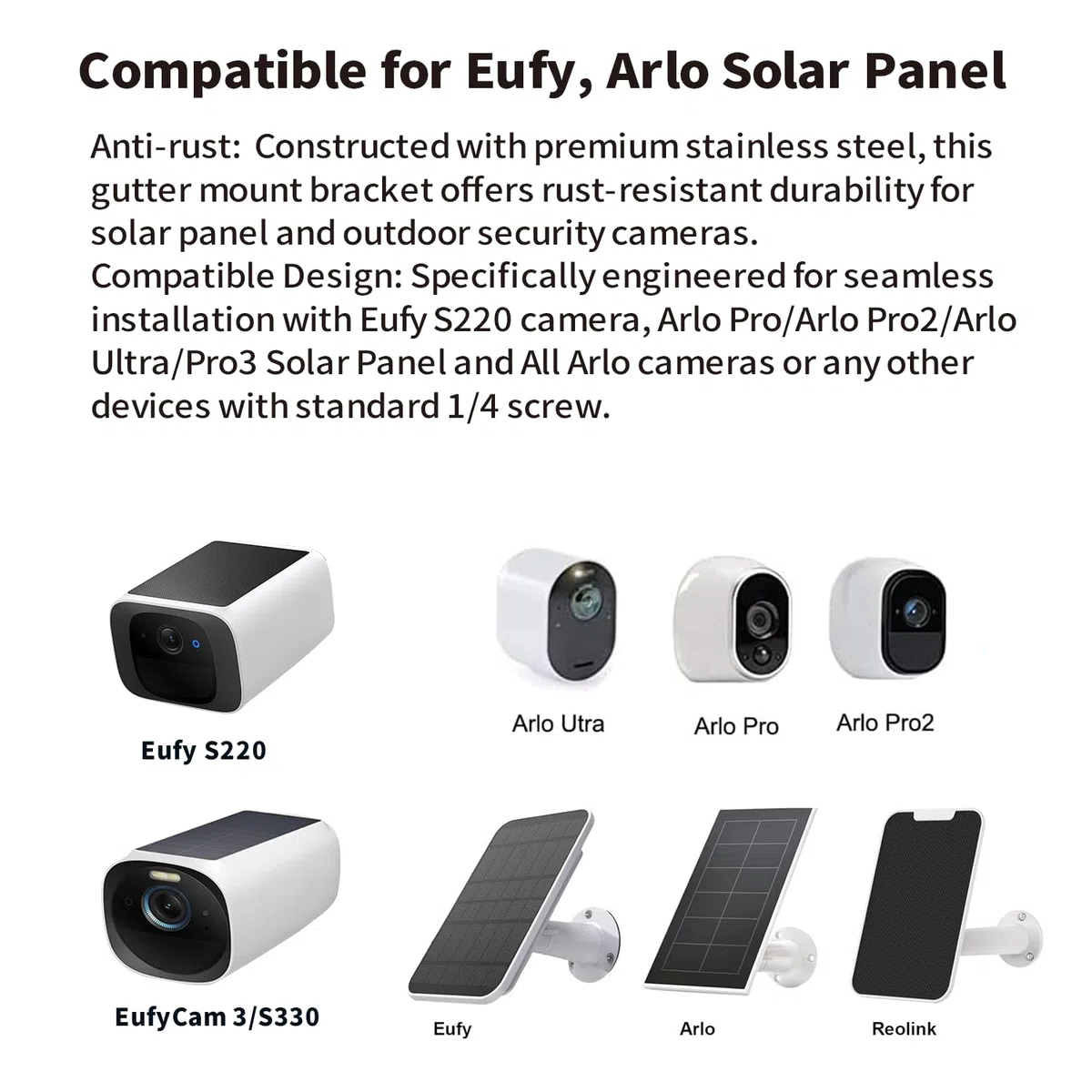 Dachrinnenhalterung für Eufy, Arlo Solarpanel, Verstellbare Edelstahl Halterung für Solar-Sicherheitskamera Solarmodul-Platzierung, Kompatibel mit 1/4 Schraube Kamera, Eufy, Arlo Solarpanel (1Stück)