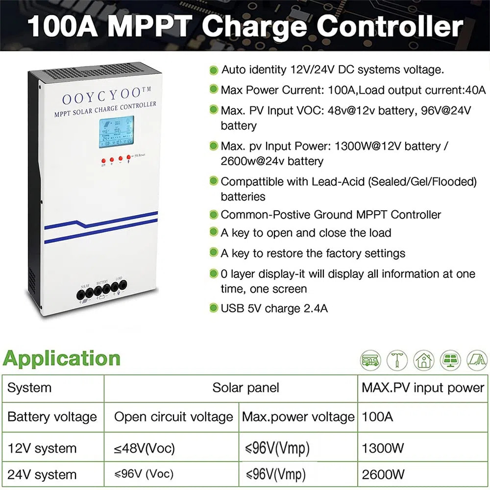 MPPT 100A Solarladeregler 24V 12V Auto Max 100V DC Eingangssolarregler mit LCD Display und Temperatursensor, Funktioniert für Sealed, Gel, Flooded und Lithium.