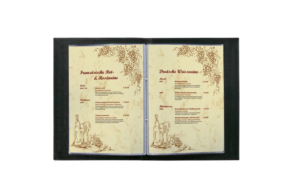 SIGEL SM135/5 Speisekarten-Mappen / Dokumentenmappen mit Buchschrauben-Bindung für A5, 5-er Pack, schwarz mit edler Leinenstruktur, strapazierfähig und leicht abwischbar