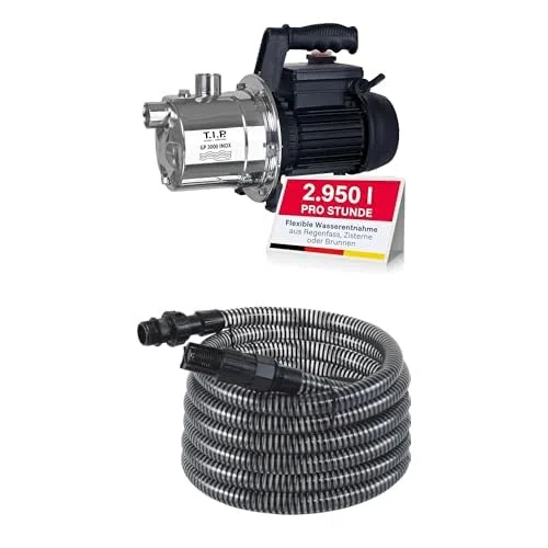 T.I.P. Edelstahl Gartenpumpe GP 3000 INOX - Leistungsstarke 550 W Pumpe mit 2950 l/h Leistung und thermischer Überlastschutz + T.I.P. 31012 Saugschlauch - Ansaugschlauchgarnitur 7 m