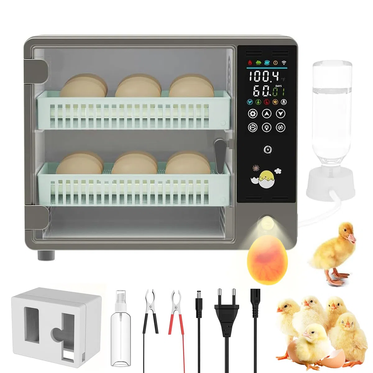 Brutautomat Vollautomatisch, 24 Eier Brutapparat, mit automatischer Eierwendung und automatischer Befeuchtung, Temperaturkontrolle, LED-Touchscreen, doppelte Stromversorgung, für Bruthühner, Wachteln