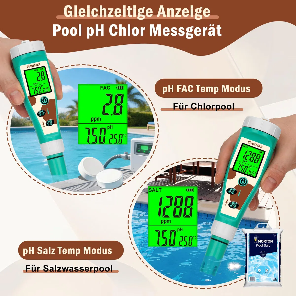 UIUZMAR Pool pH Chlor Salzgehalt Messgerät, Wasserstoff PPM ORP Messgerät | 8-in-1 Trinkwasser Wassertester mit gleichzeitiger Anzeige von pH Salz Chlor H2 ORP EC TDS Temp für Hydrokultur, Spas