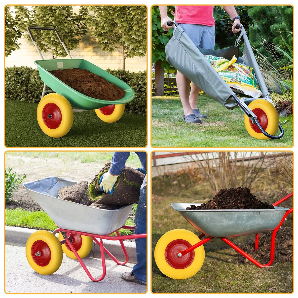 2x Sackkarrenrad PU Schubkarrenrad Vollgummi 4.80/4.00-8 Ø 390mm 200 kg inkl.Pannensichere Vollgummireifen mit Achse, Gelb-Rot