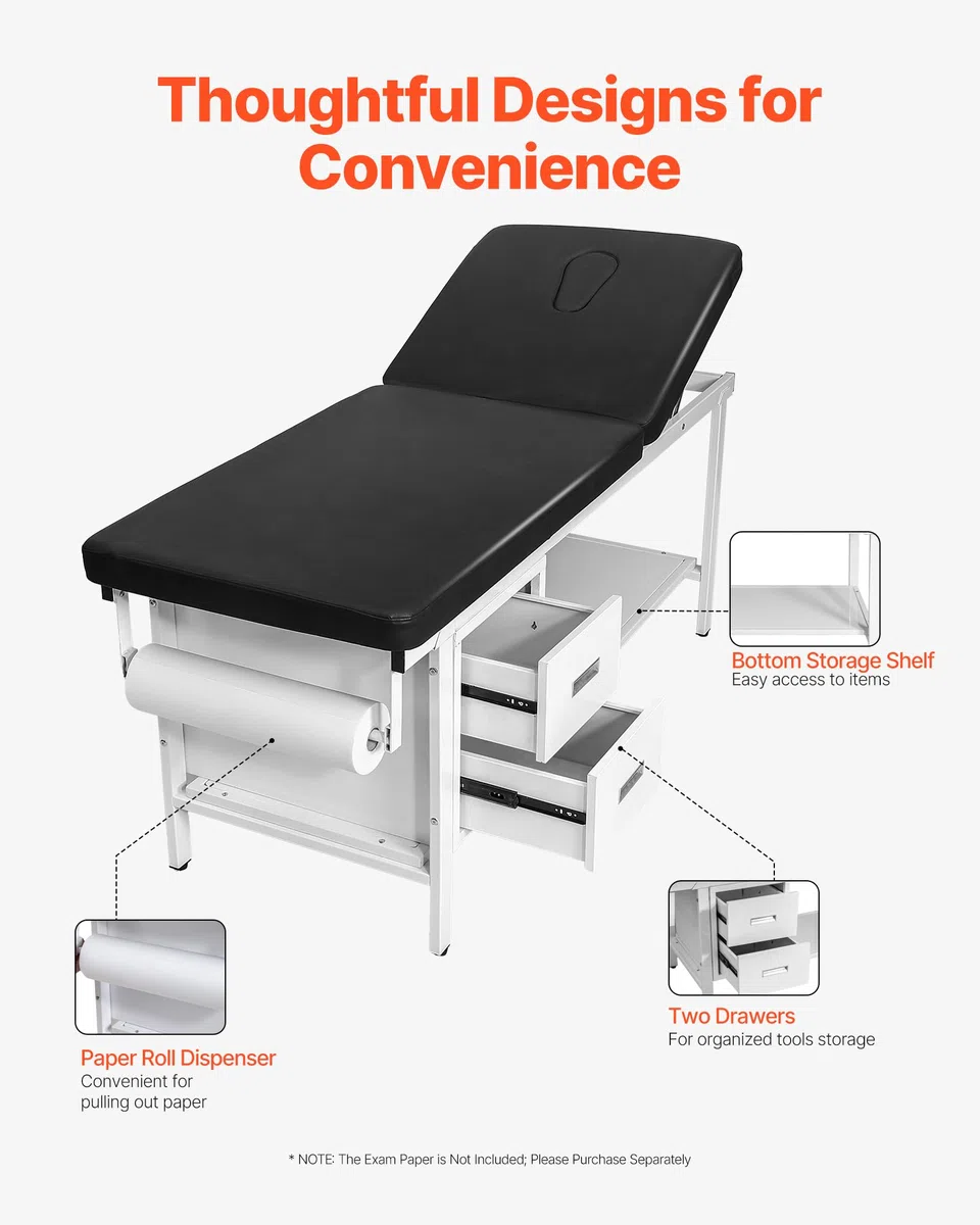 VEVOR Untersuchungsliege 227 kg, Ruheliege, Praixsliege mit verstellbarer Rückenlehne, 2 Schubladen, Ablagefach & Papierrollenspender, Krankenliege für Krankenhäuser & Reha-Zentren, 1855x705x815 mm