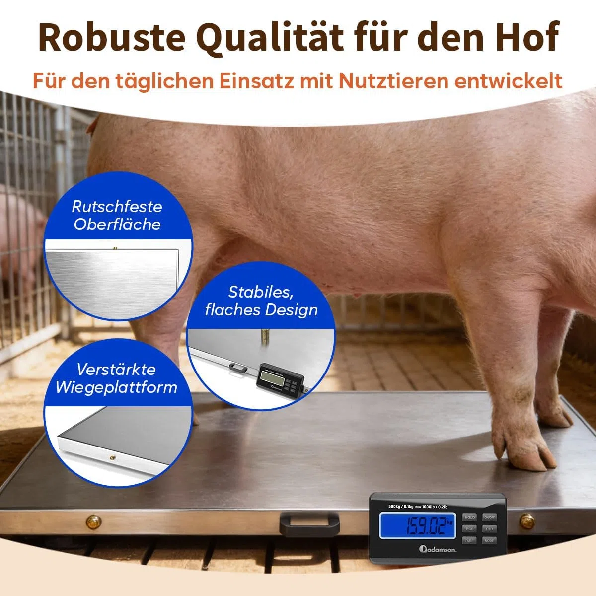 Adamson Tierwaage 500 kg – Digitale Plattformwaage & Hundewaage für große Hunde, Schafe, Ziegen & Schweine – Präzise Viehwaage mit Tare, Hold & PCS – Batteriebetrieb oder Netzteil