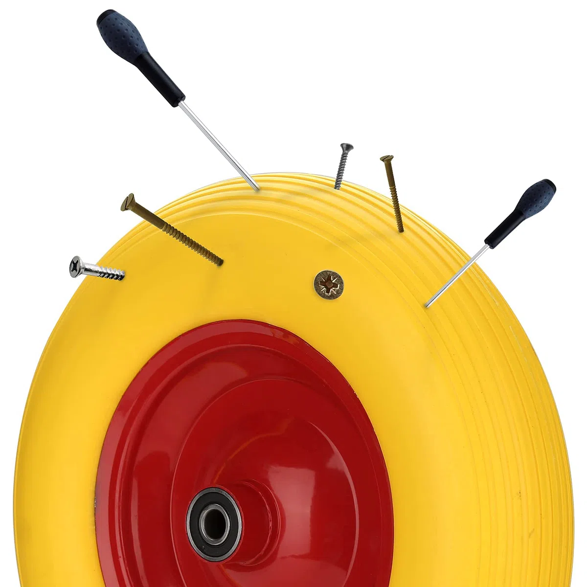 2x Sackkarrenrad PU Schubkarrenrad Vollgummi 4.80/4.00-8 Ø 390mm 200 kg inkl.Pannensichere Vollgummireifen mit Achse, Gelb-Rot
