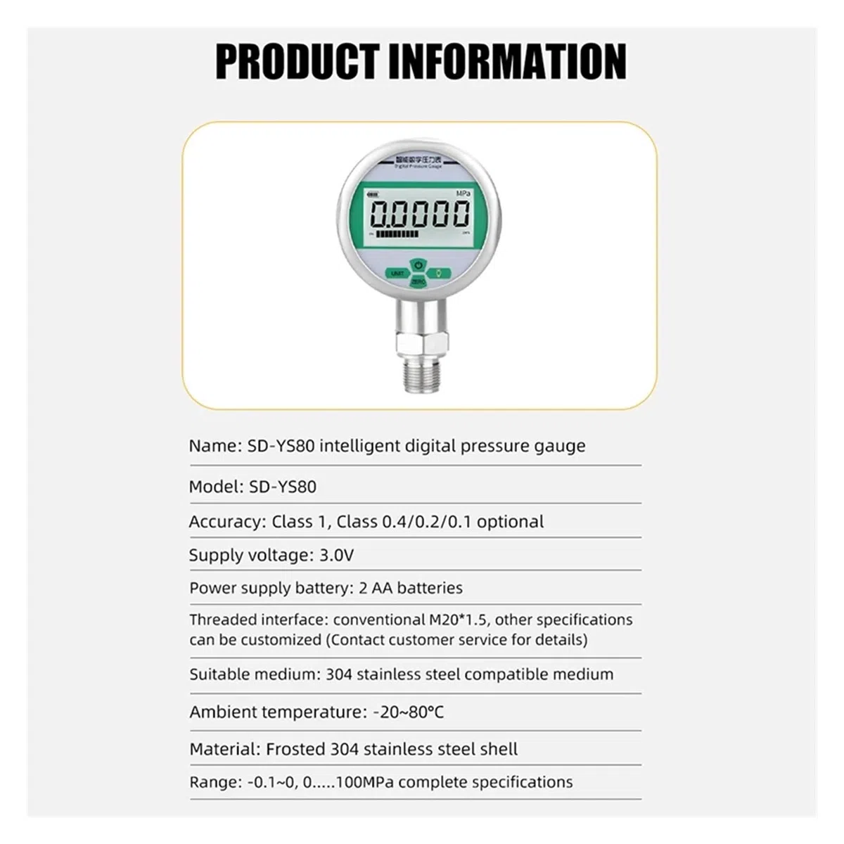 Druckregler, Digitale Manometer, Manometer, 80 mm, 0,5% FS, 4-stelli Anzei, 0–100 MPa, 5 Einheiten Mpa, Kpa, Psi, Bar, kg/cm2(M20-1.5,0-0.1Mpa)