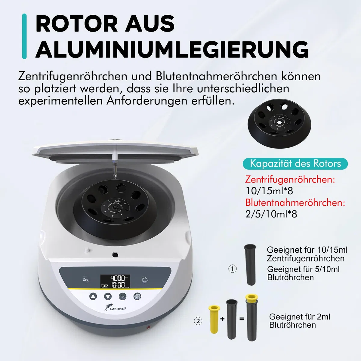 LAB FISH Labor Zentrifuge für 2ml 5ml 10ml 15ml Röhrchen, 500-5000 U/min Niedrigtourig, Max. 3074xg, 8-fach Rotor, Ideal für PRP/PRF
