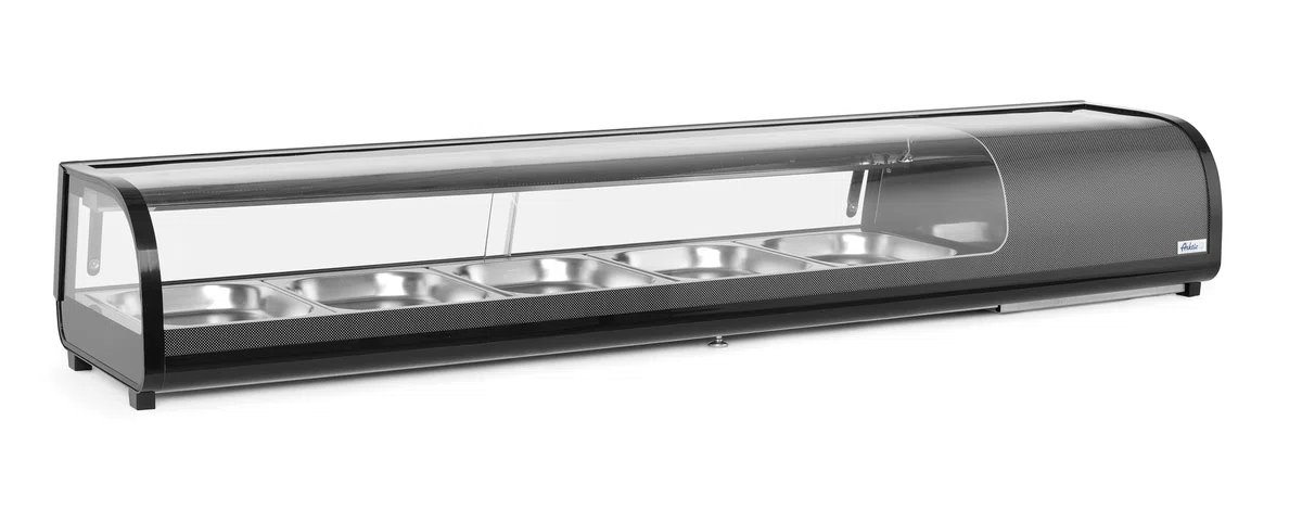 HENDI Sushi-Kühlvitrine, Arktic, mit 5x GN1/2 Behälter, Temperaturbereich: 0° bis 12°C, LED-Beleuchtung, Sushi-Kühlschrank, 230V/190W, 1800x420x(H)265mm, Edelstahl, ABS, Glas, schwarz
