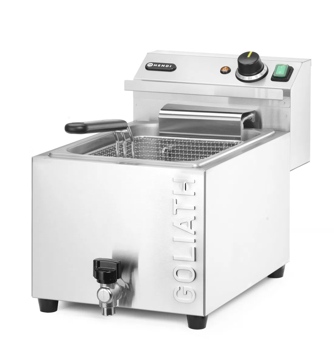 HENDI Fritteuse XL, GOLIATH, mit Ablasshahn, mit Frittierkorb und Deckel, Temperaturbereich: 50° bis 190°C, Kaltzone, extra Leistung, Frittierbehälter, 10L, 400V/10,2kW, 300x585x(H)392mm, Edelstahl