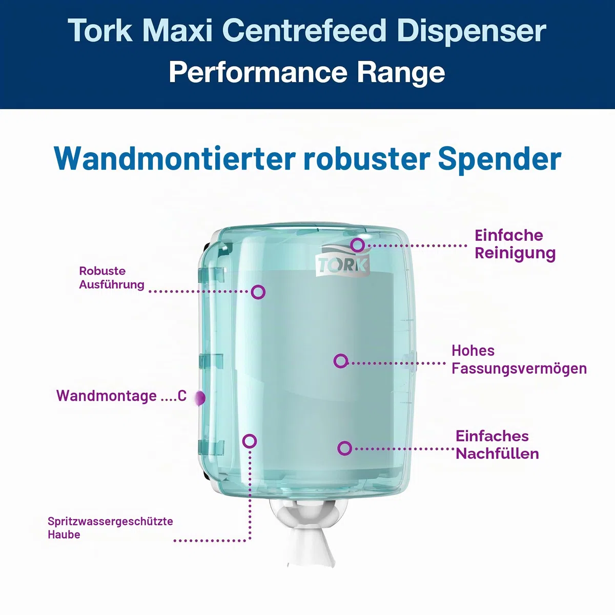 Tork Maxi Innenabrollungsspender Weiß und Türkis W2, Robustes Design, Performance Linie, 44,7 cm × 32,8 cm × 30,2 cm, 653000