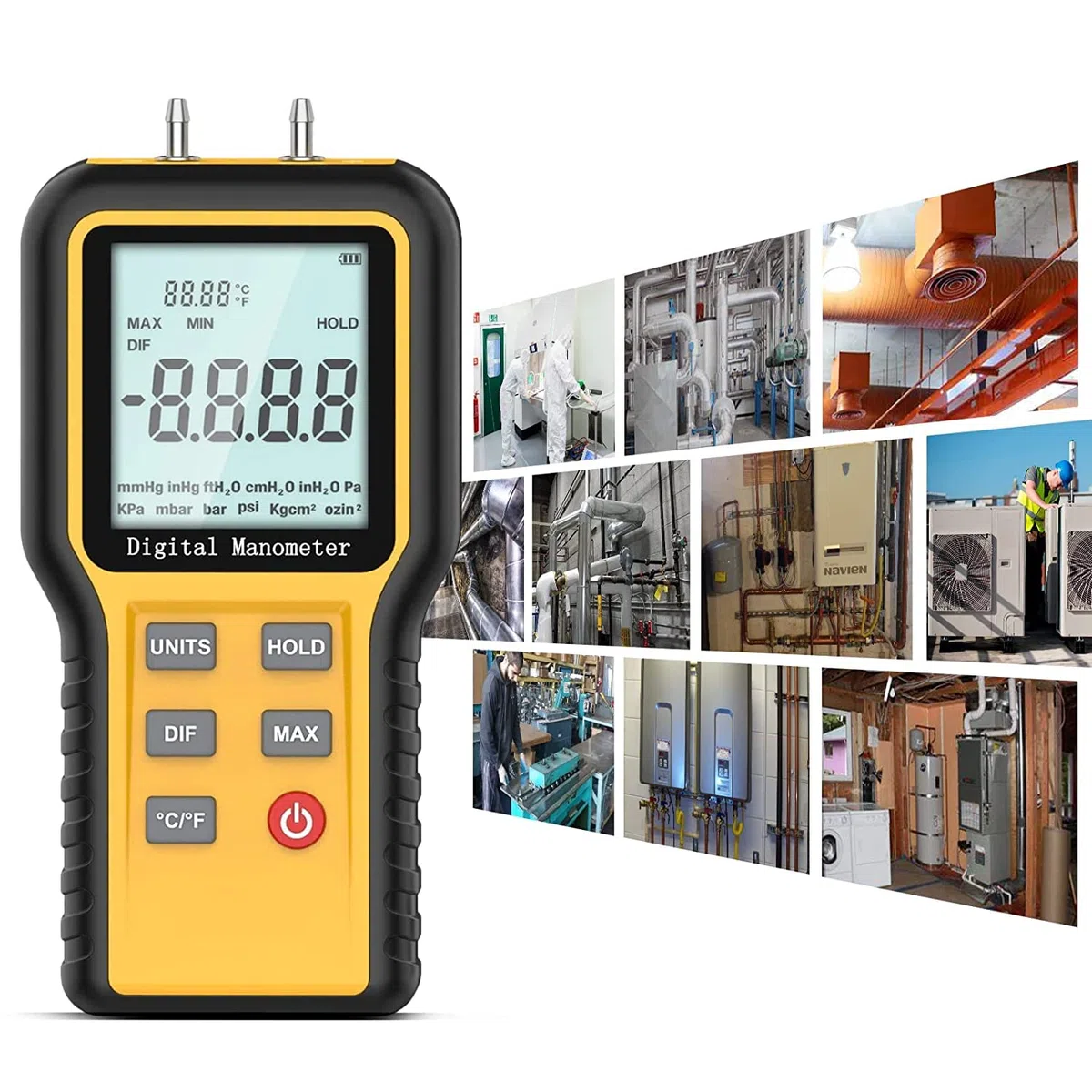 Differenzdruckmessgerät Kethvoz Gasdruckmessgerät HVAC Gas Manometer mit Zwei Anschlüsse zur Messung des Luftstrom-Gasdifferenzdrucks ±2,999 psi /±20,68 kPa, 12 wählbare Einheiten & Datenspeicher