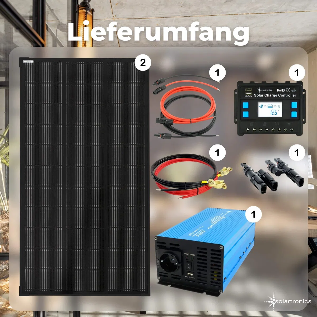 SOLARTRONICS Komplettset 2x120 Watt Solarmodul 1070x580x35, TS 1000W Spannungswandler + 20A Laderegler + Solarkabel + Solarstecker Photovoltaikanlagen Wohnmobil Inselanlage
