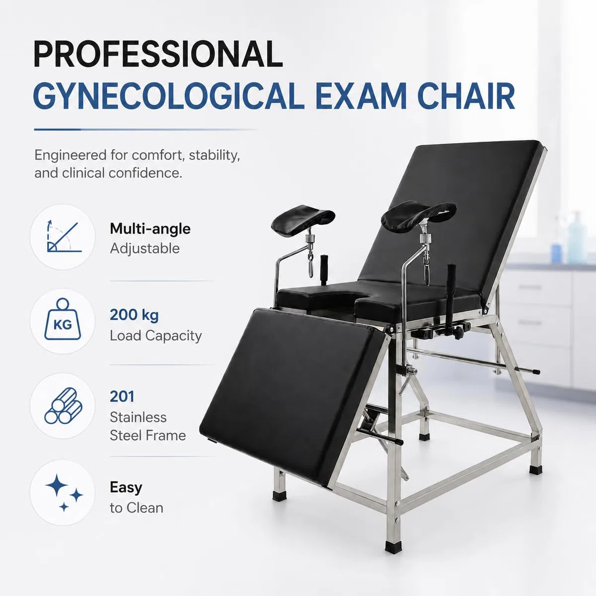 Gynäkologischer Stuhl, Edelstahl verstellbar, 200kg Tragfähigkeit | Für Kliniken und Praxen, Hygienisch Leicht zu Reinigen, Stabile Edelstahlkonstruktion, Ergonomische Polsterung