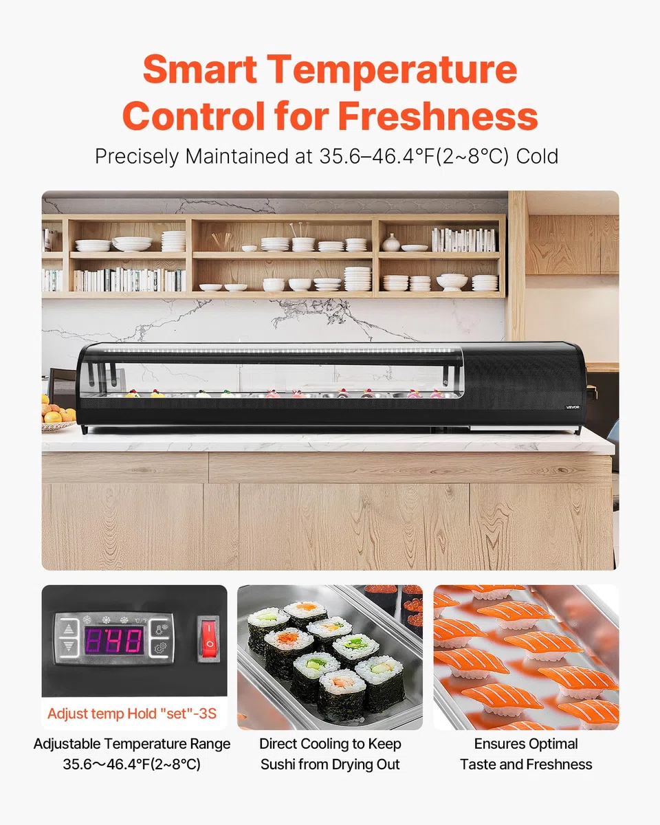 VEVOR Sushi Kühlvitrine 82 L kommerzielle Vitrine Kühlaufsatzvitrine (5 Pfannen) mit gebogenem Glas & LED-Beleuchtung & digitaler Temperaturregelung, Kühlschrank für Theke Restaurant Geschäft