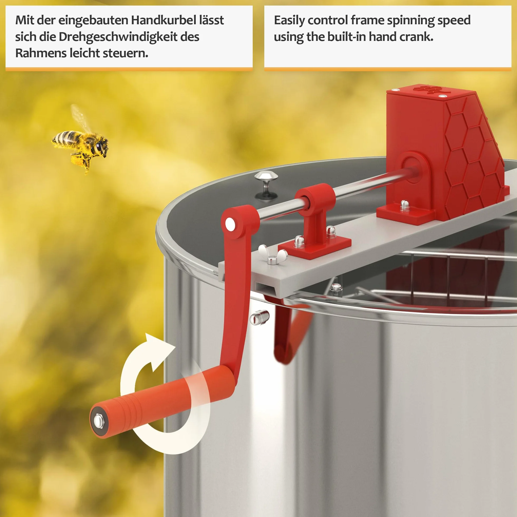 Jago® Honigschleuder - aus Edelstahl, Manuell, für 4 Waben, Ø490 mm, mit Deckel - Honig Extraktor, Schleuder, Tangentialschleuder, Honey Extractor, Imker und Bienenzüchter Zubehör