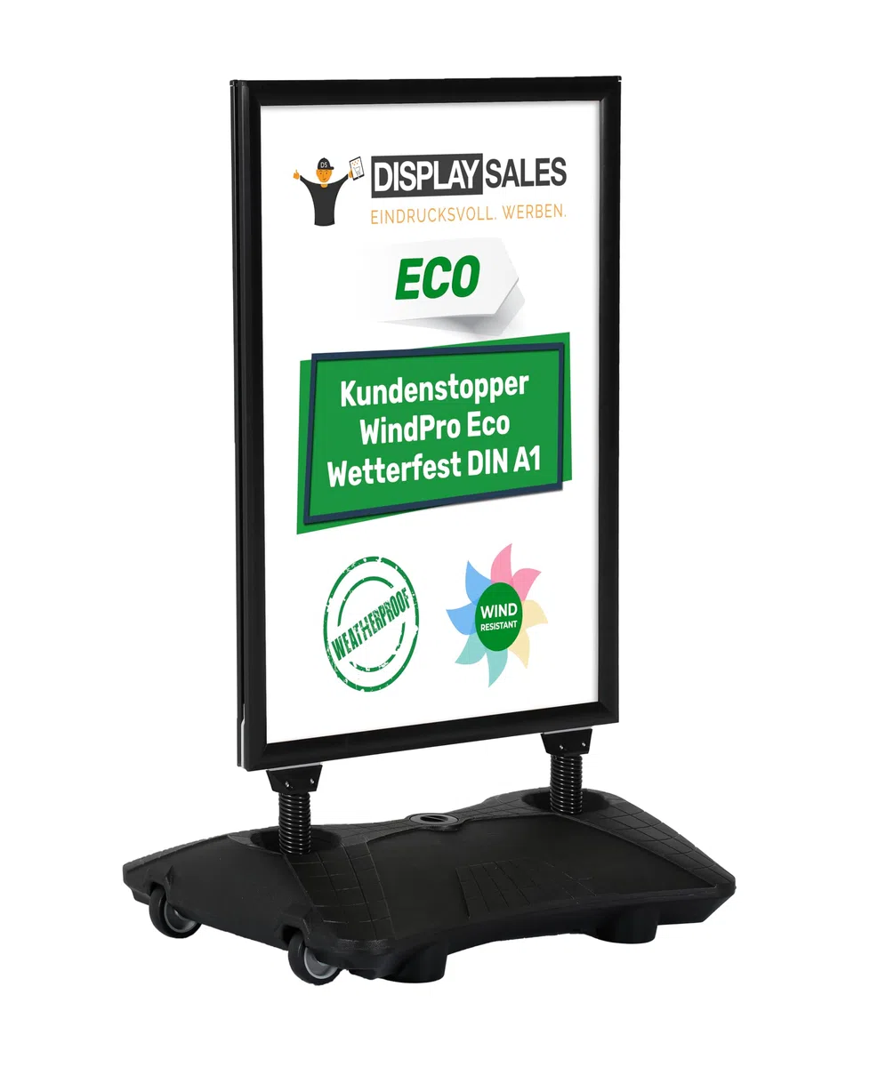 Plakatständer WindPro® ECO | Kundenstopper OUTDOOR in DIN A1 | Plakataufsteller A1 wetterfest in schwarz | Aufsteller Werbung beidseitig nutzbar für 2 Plakate