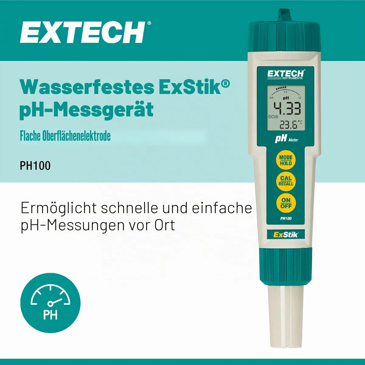 Extech Wasserdichtes pH-Messgerät, 1 Stück, PH100
