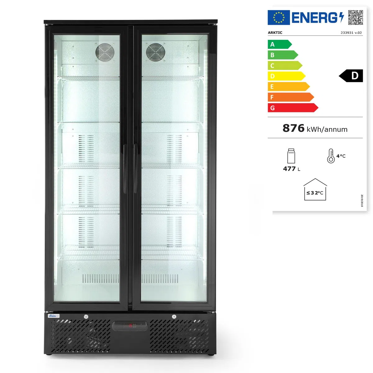 HENDI Getränkekühlschrank, Zweitürig, mit 8 verstellbaren Regalböden, Temperaturbereich: 0° bis 10°C, automatische Abtauung, LED Innenbeleuchtung, 477L, 230V/365W, 900x530x(H) 1820mm, Aluminium, Glas