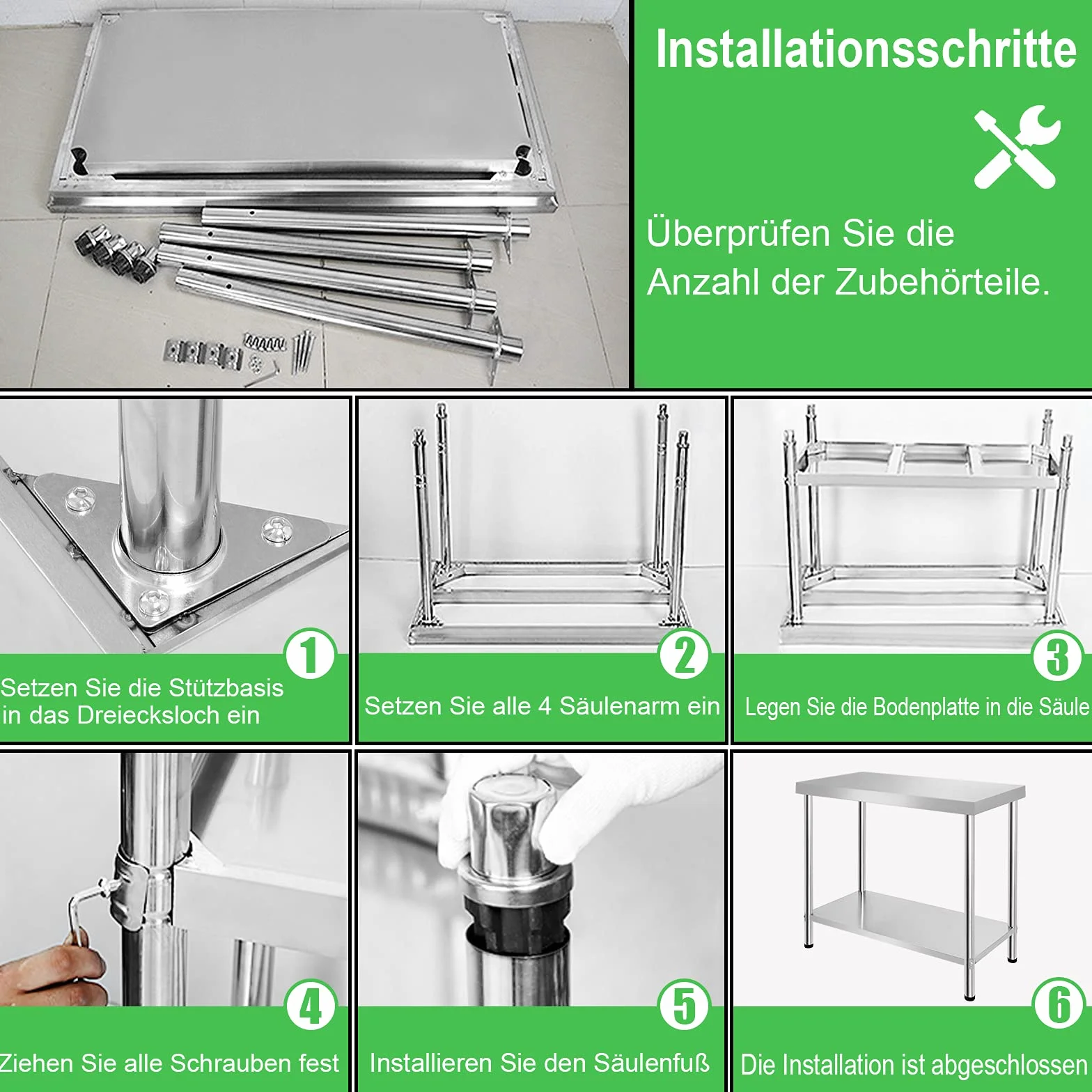 UISEBRT Edelstahl Arbeitstisch mit Aufkantung, Edelstahltisch Küchentisch mit Verstellbare Füße, Küche Tisch Zerlegetisch mit extra großer unteren Ablagefläche, 120 x 60 x 85 cm, mit Aufkantung