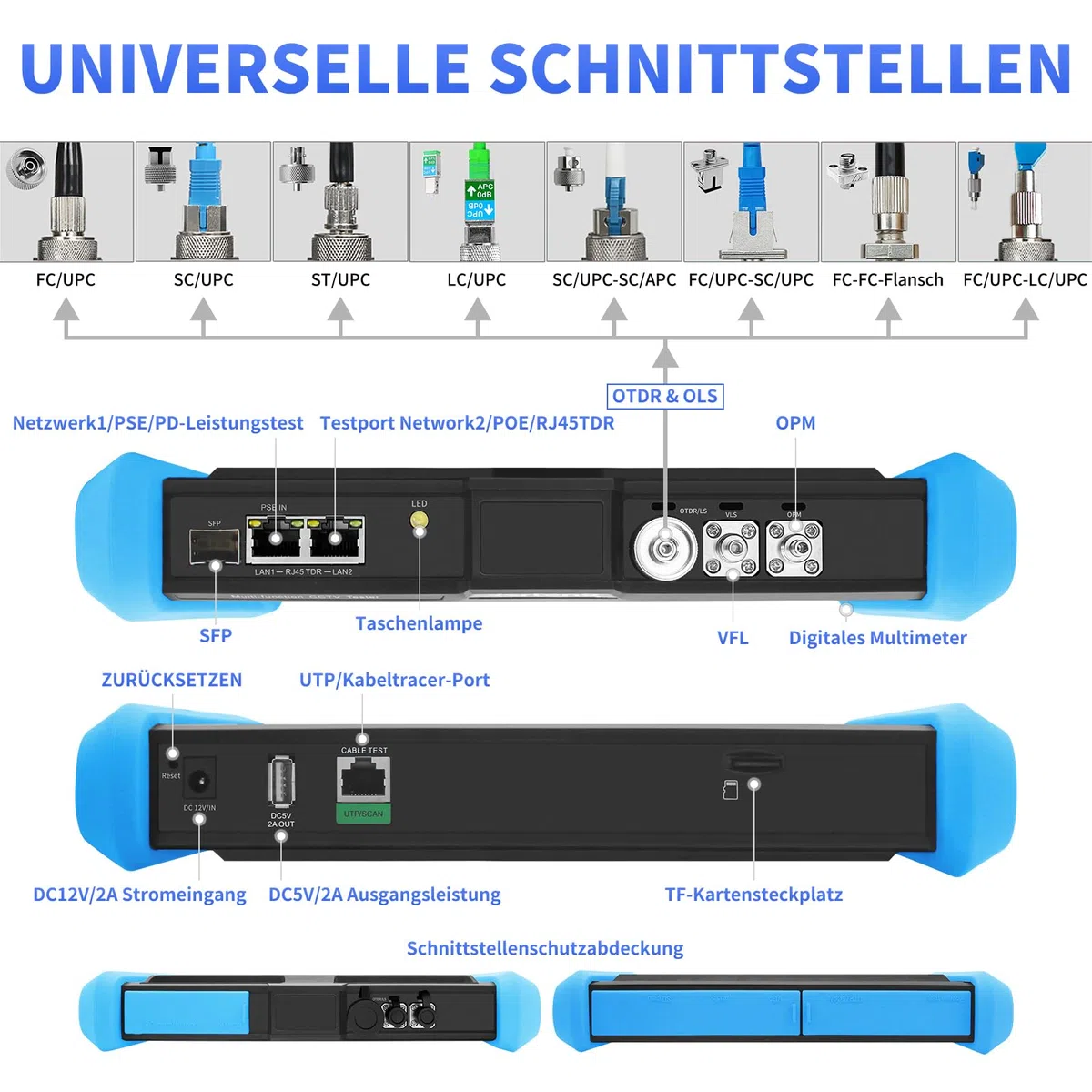 Henkion OTDR-Glasfasermessgerät 8 Zoll IPS-Touchscreen, 1310/1550nm 28/26dB Fiber Optic Tester, Netzwerktester mit Event Map, LS, OPM, VFL, OLS, Digitalmultimeter, SFP, WLAN und RJ45 Kabeltest