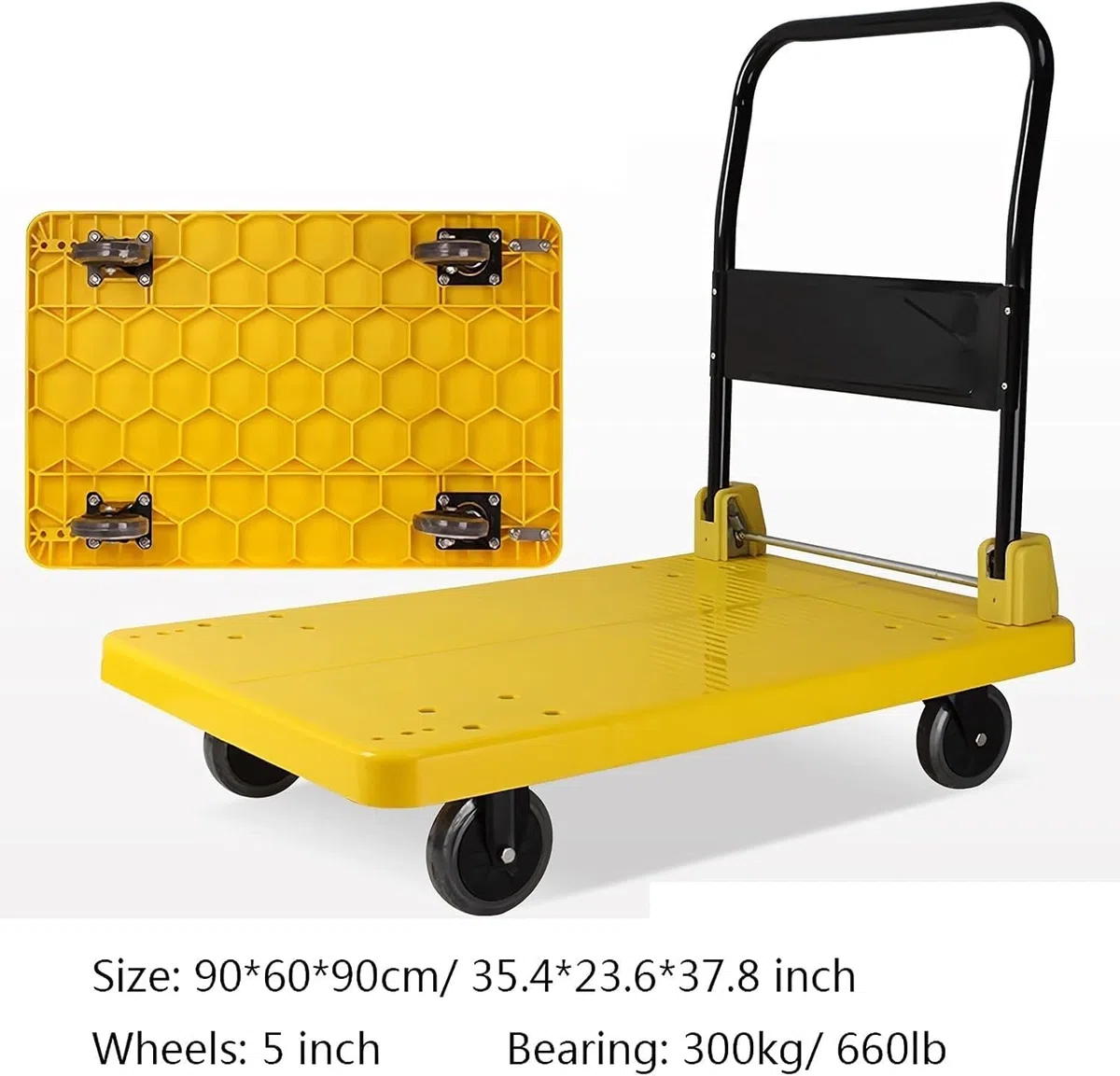 Plattformwagen, Schubkarre, zusammenklappbarer Plattformwagen, Kunststoffdeck und Metallgriff, Handwagen mit Rädern, zusammenklappbarer Schubwagen zum Bewegen von Gepäck