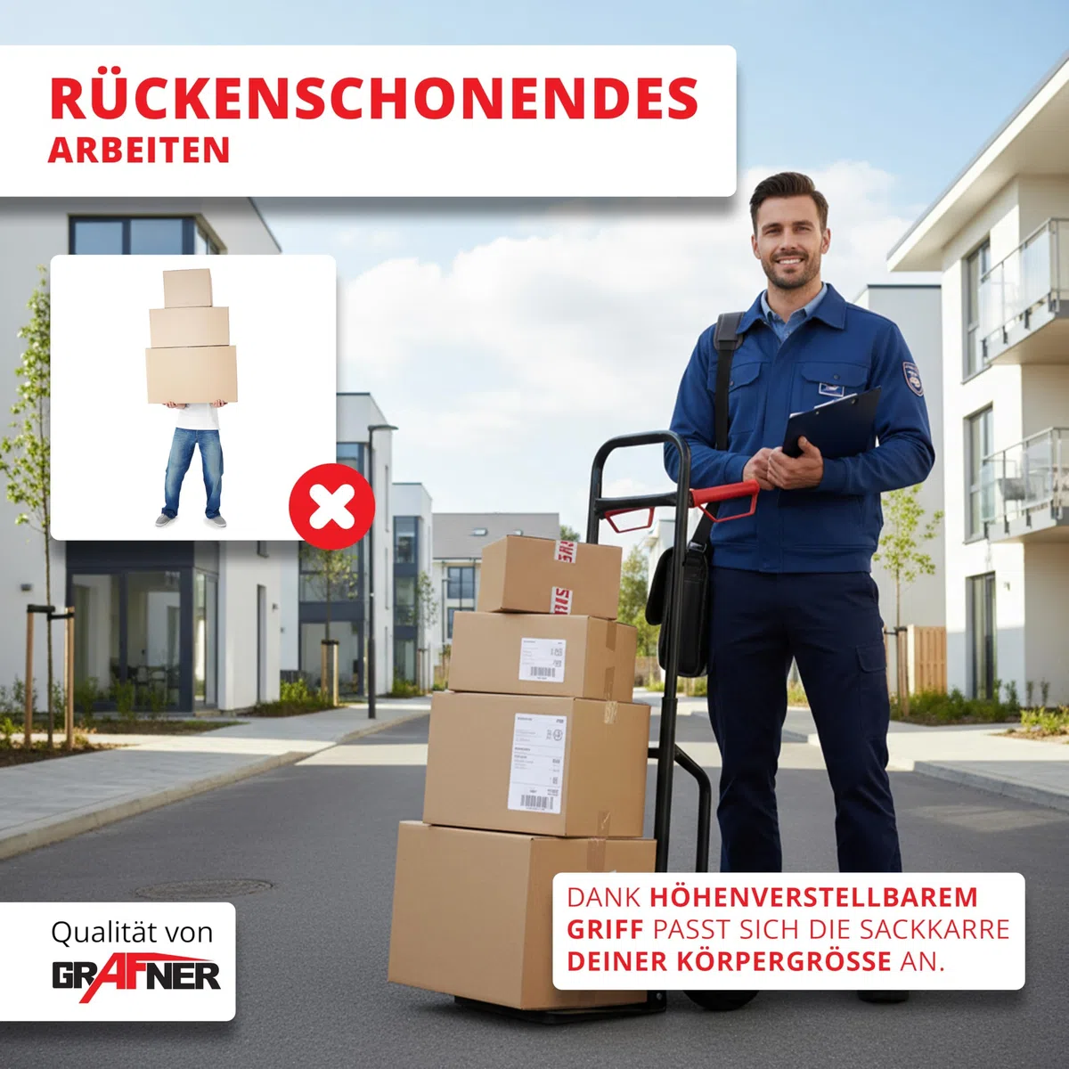 Grafner Sackkarre klappbar und ausziehbar, Belastbarkeit 200kg, Luftbereifung, Haltegriffe und Radschutz, solide Stahl-Ausführung, Stapelkarre Transportkarre Transportwagen