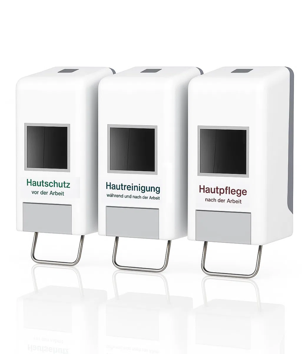 Softflaschenspender Tri 1–2 Liter Weiß-Grau | 3-fach Spendersystem, ideal für Hautschutzpläne, für 1- & 2-Liter-Softflaschen