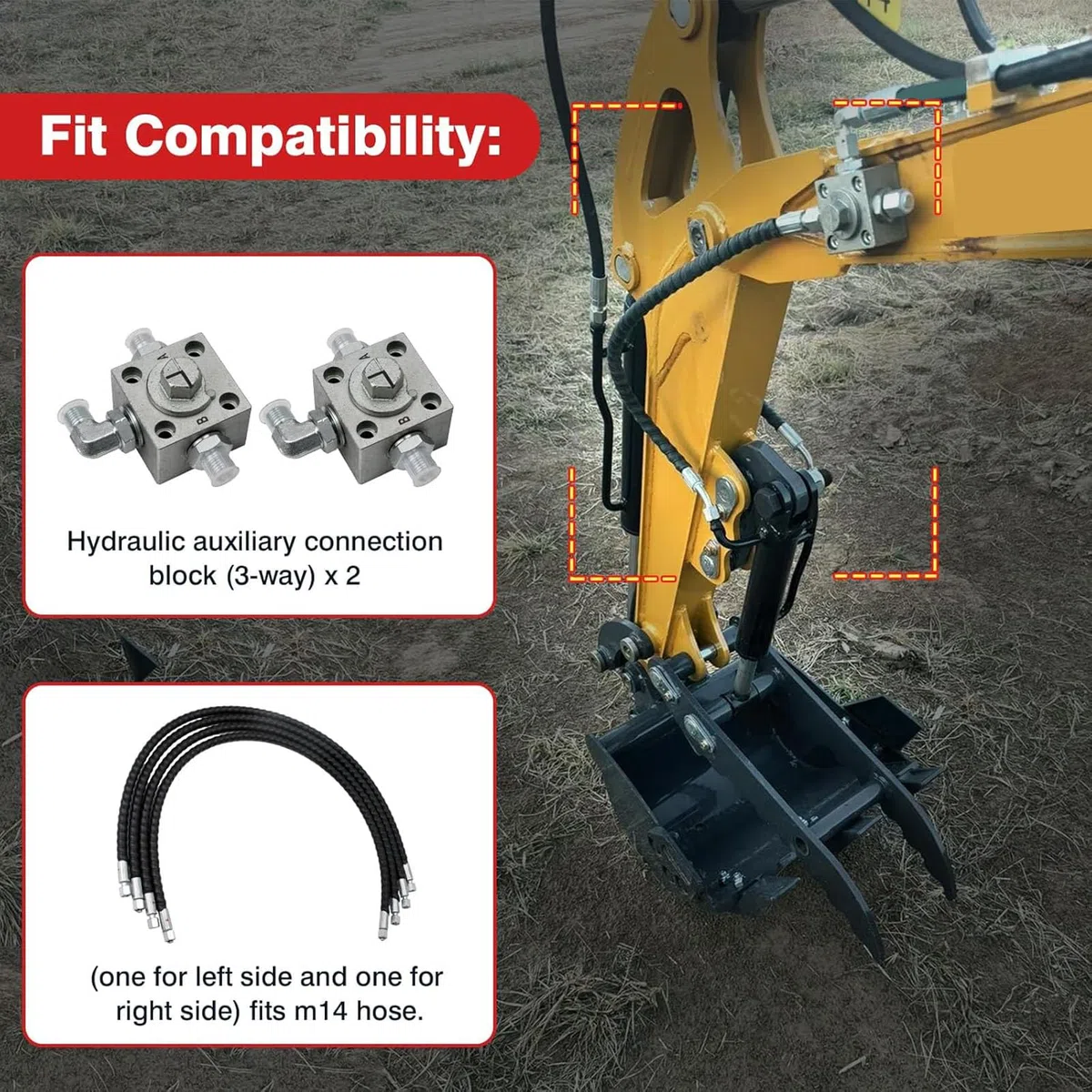 2 Drei-Wege-Umleitungsventile Bagger für 1-2 Tonnen Chinesische Minibagger, Hydraulische Umschaltventile MiniBagger-Befestigung mit 31 Zoll Flexiblen Schläuchen Passen