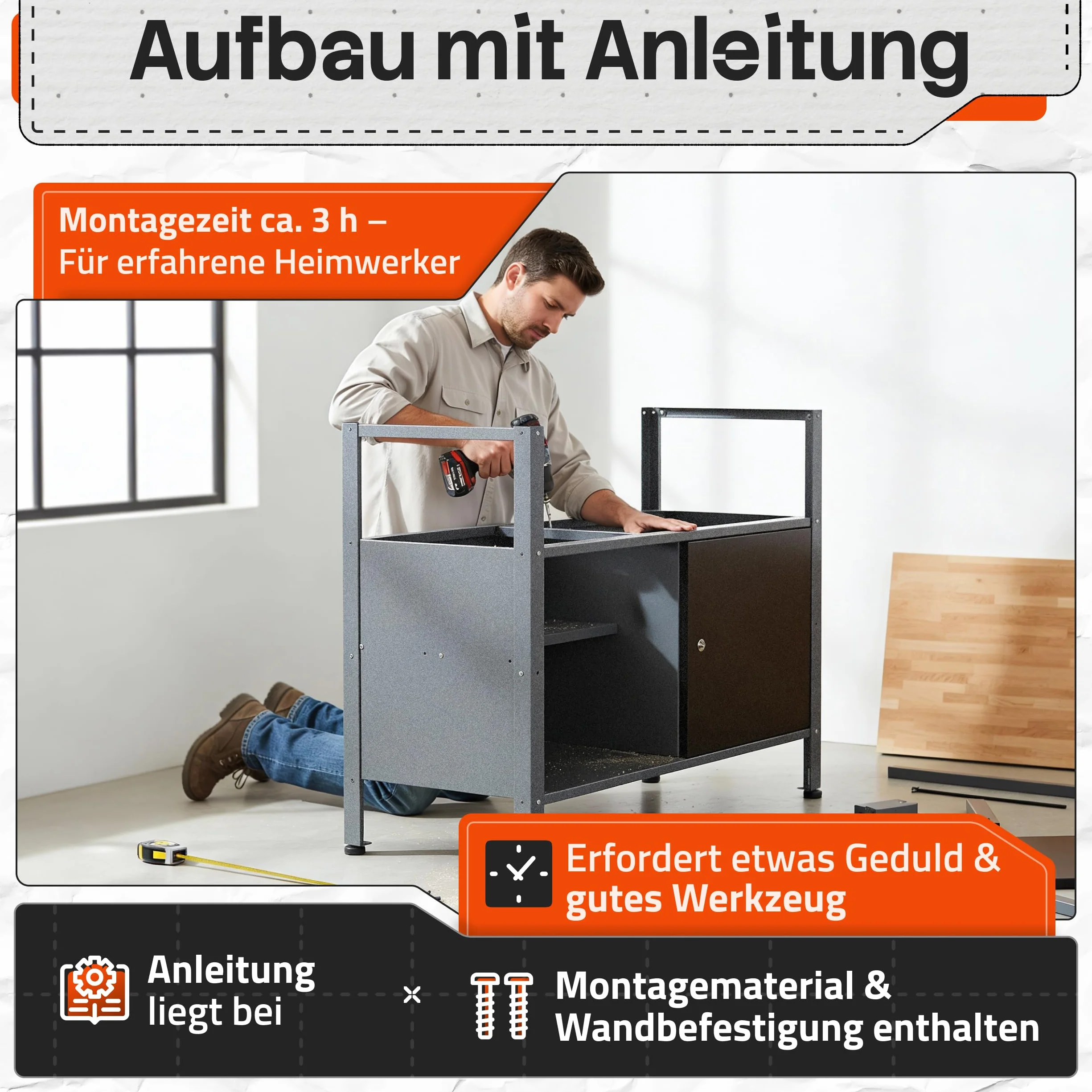 Ondis24 Montagewerkbank Werkbank Klaus 120 cm, Metall, abschließbarer Tür, höhenverstellbare Füße (Arbeitshöhe 85 cm, Schwarz Buchenplatte)