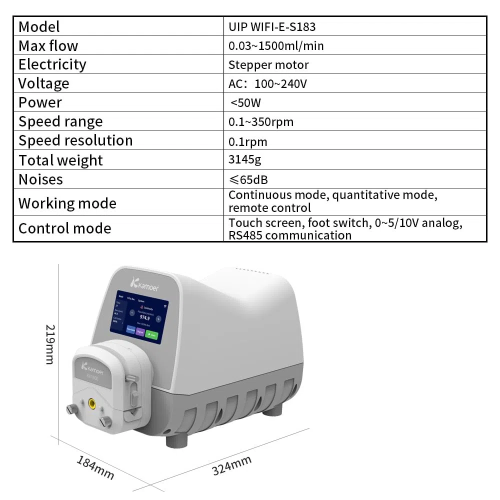 Kamoer UIP WIFI E erschwingliche intelligente Peristaltikpumpe mit hohem Durchfluss, Schrittmotor, 100 V–240 VAC, einstellbare Dosierpumpe, 0,5–1500 ml/min, Touchscreen-Steuerung