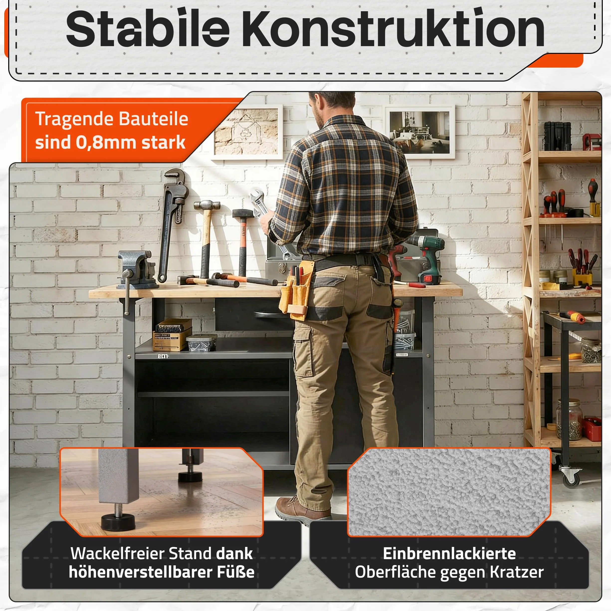 Ondis24 Montagewerkbank Werkbank Klaus 120 cm, Metall, abschließbarer Tür, höhenverstellbare Füße (Arbeitshöhe 85 cm, Schwarz Buchenplatte)