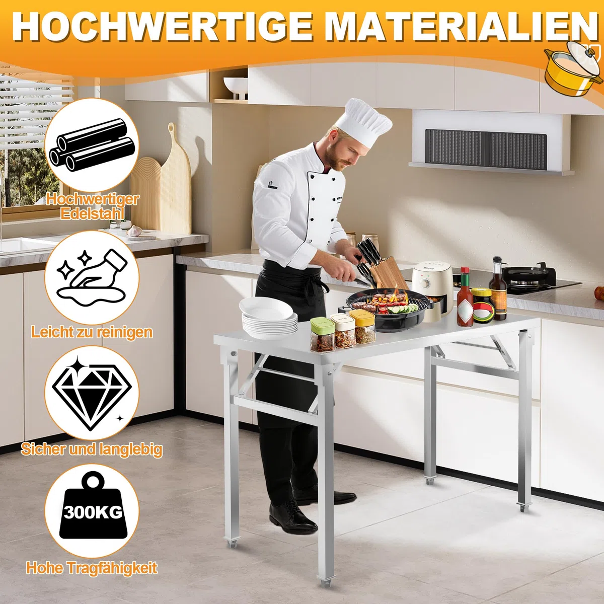 UISEBRT Edelstahl klapptisch mit 300 kg Tragkraft und justierbaren Stellfüßen, Klappbar Arbeitstisch Serviertisch Küchentisch für Gastronomie Küche Bar Restaurant, 120x60x85cm